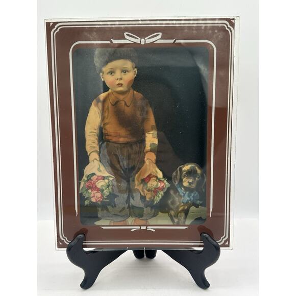 1940 Dutch Boy With Dog Framed Litho Print Made In USA 8” Art Work Shadow Box - Picture 1 of 5